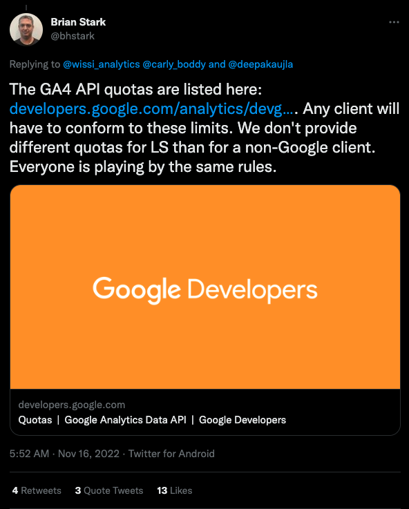 Tweet from Brian Stark on the new GA4 API quotas