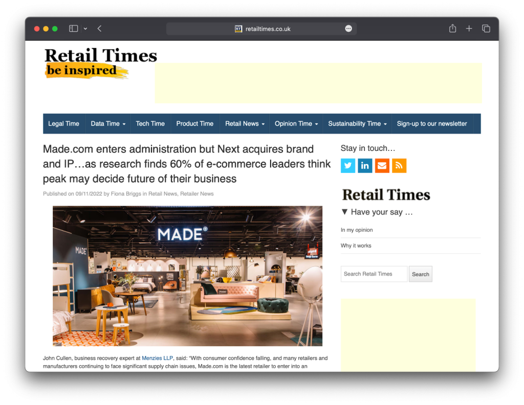 Retail Times article on Made.com acquisition by Next