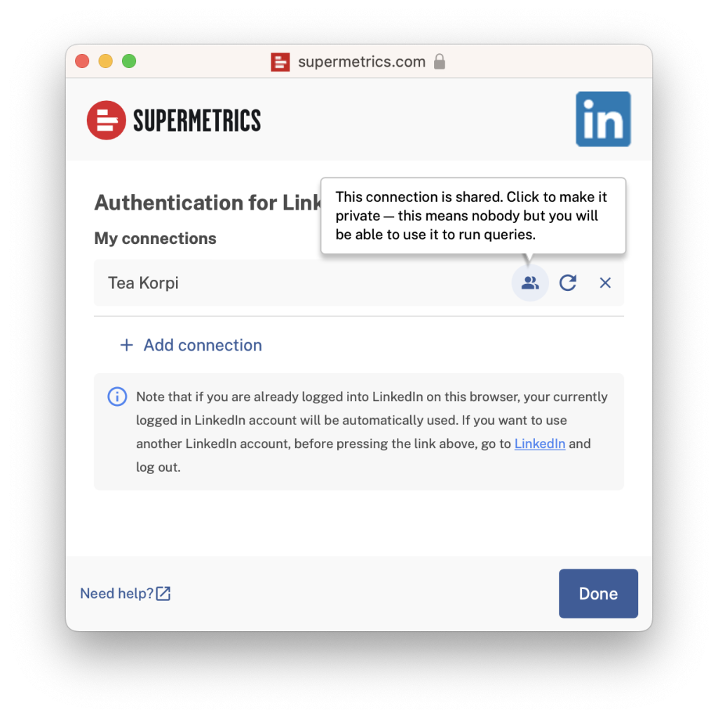 Data source connection account authentication page with Supermetrics