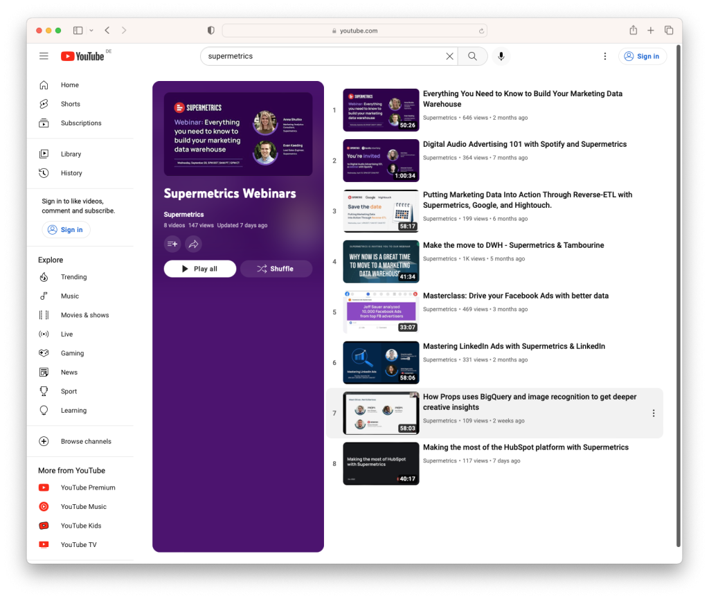 The Supermetrics YouTube channel feed