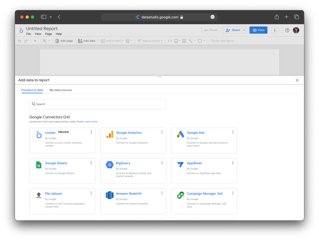 Set up new report view in Looker Studio
