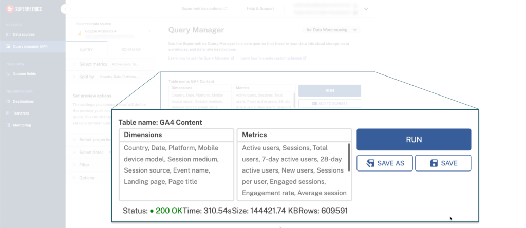 The result of fetching event-level data from a GA4 property on the Supermetrics Teamsite