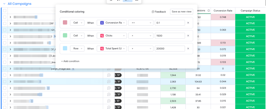 Use conditional coloring on monday.com to distinguish campaigns