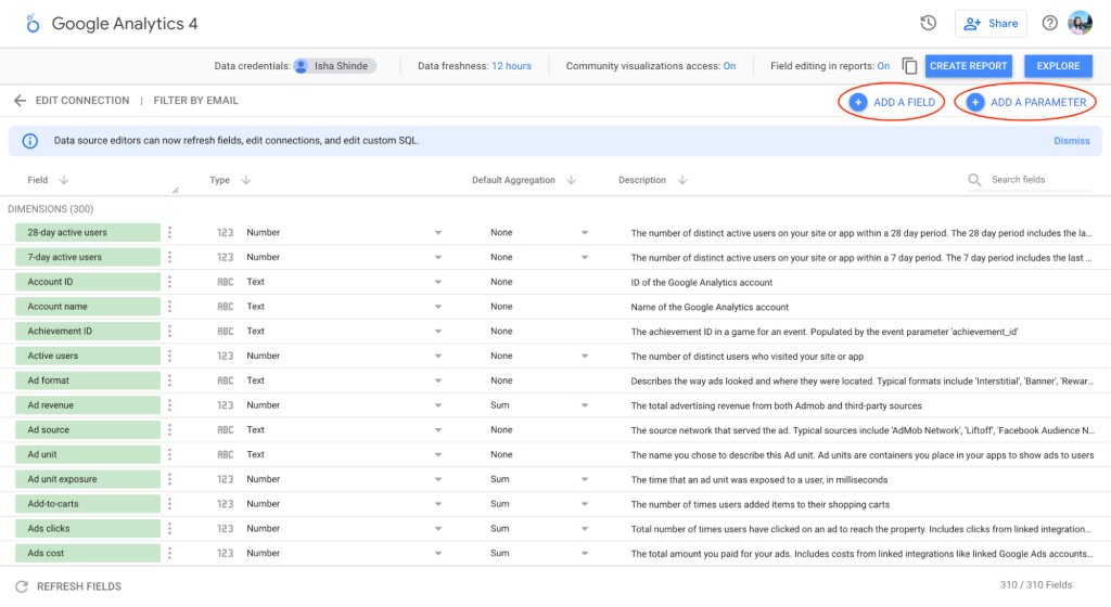 Google Analytics 4 allows you to blend data by creating new fields and parameters from your connected datasets.