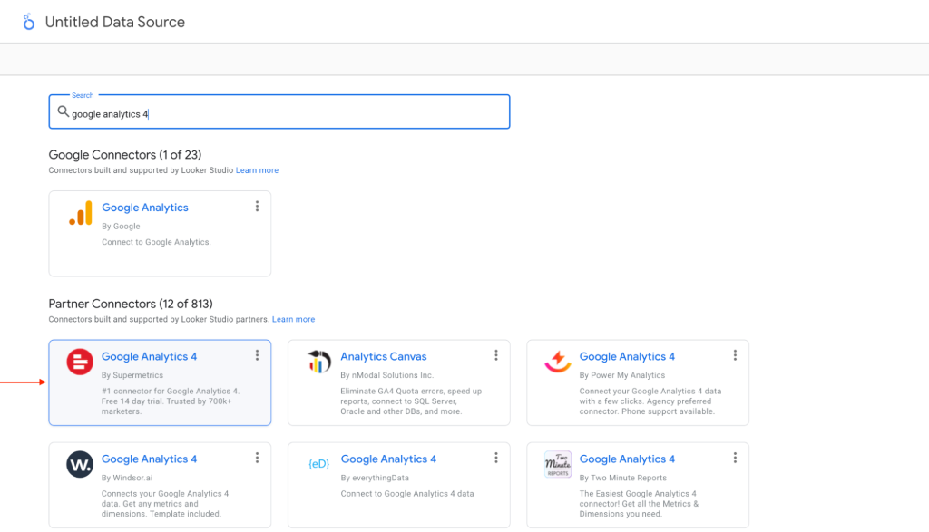 Select from a range of Google Looker Studio options to easily connect your data through Supermetrics.