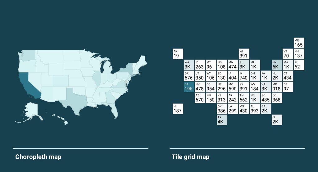 The tile grid map is often used to replace the choropleth map, and give more visible data representation.