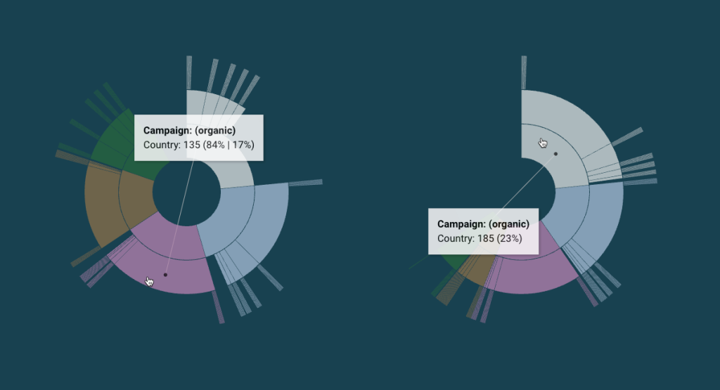 The order of the dimensions will determine the shape of the Sunburst diagram. The legend and the tooltip will help you to discover the details.