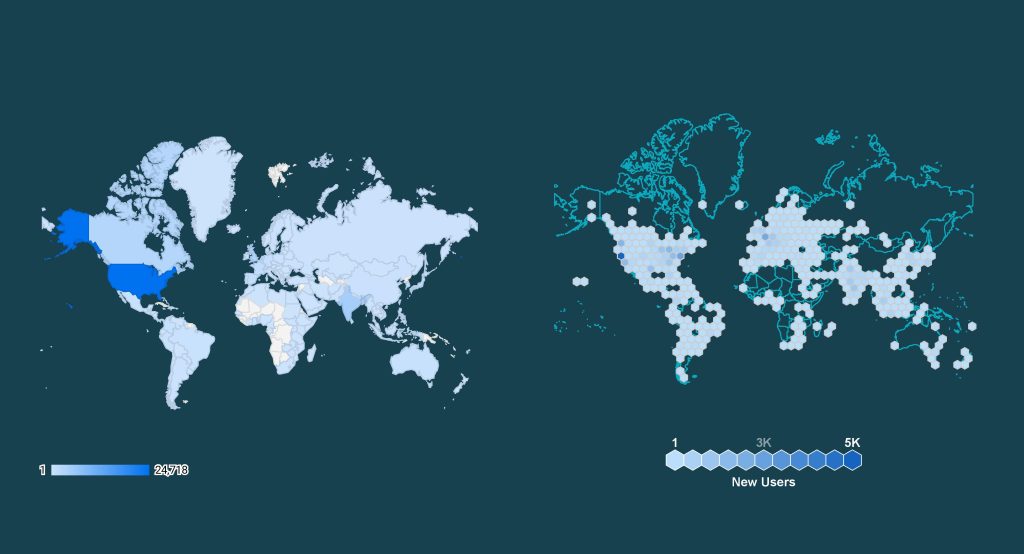 The hexbin map delivers more precise results. The highest concentration is in California and not in Alaska.