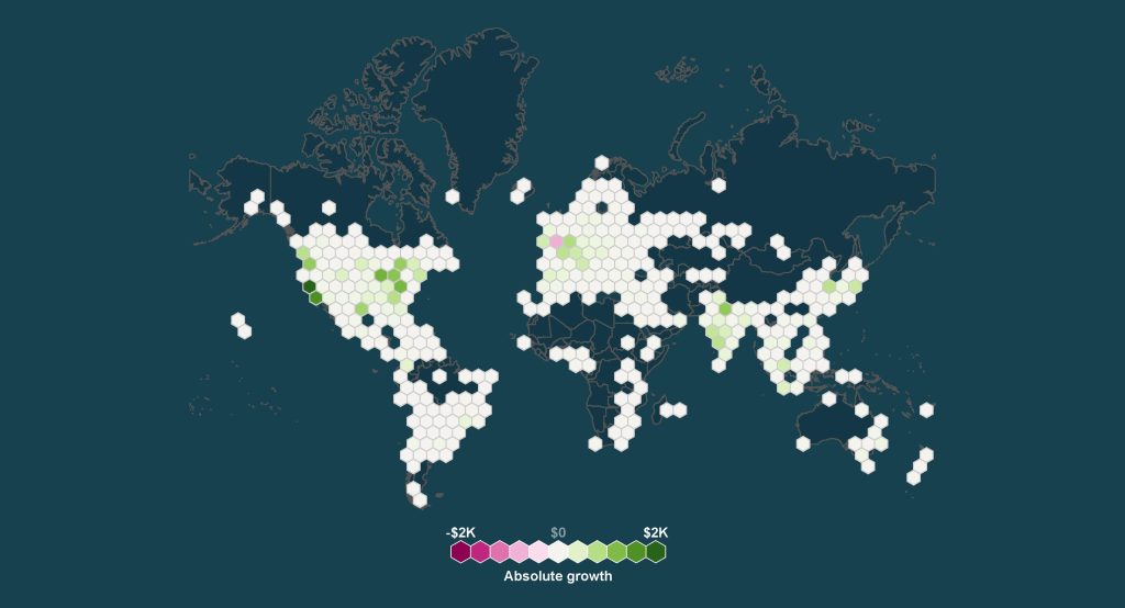 A hexbin map can fully support divergent color scales.