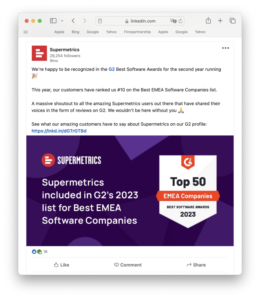 Supermetrics was ranked #10 on the Best EMEA Software Companies list in 2023. 