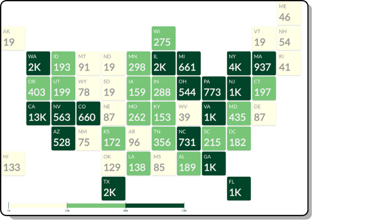 A tile grid map in Power Bi showing traffic from different states in the US