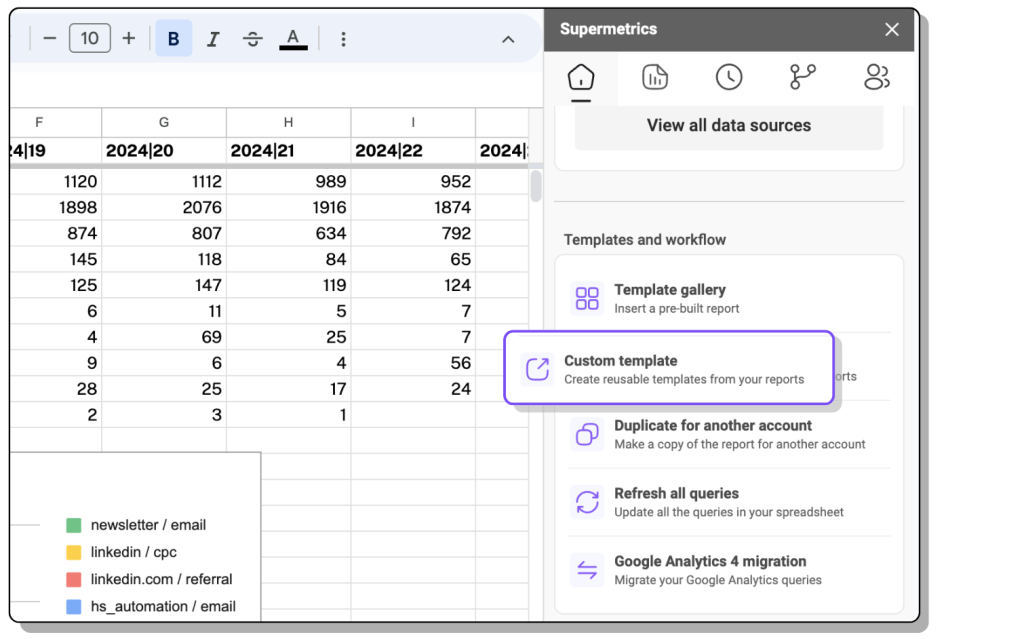 Supermetrics sidebar in Google Sheets displaying how to create custom template