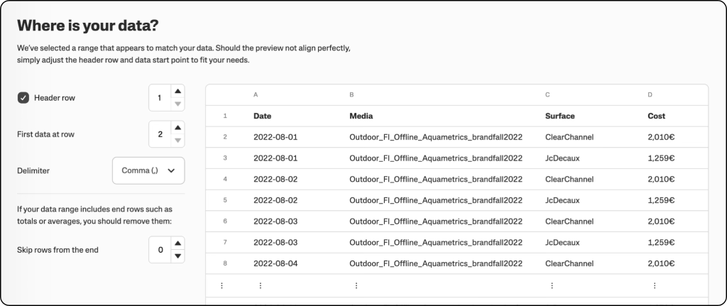 The image shows the interface of Supermetrics Custom Data Import interface with settings to adjust data sources