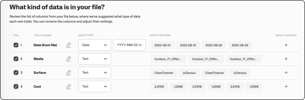 The image displays an interfaceof Supermetrics Custom Data Import, where users can review and configure data types for columns in a file.